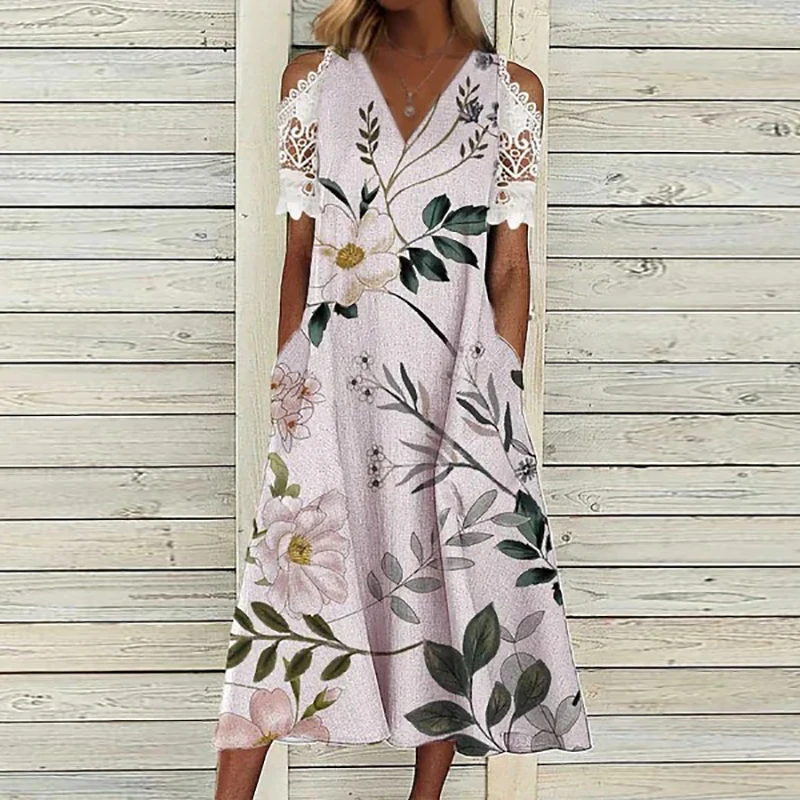 

Elegant Floral Print Hollow Out Lace Dress Summer Lady Short Sleeve Pockets A-line Dress Women V-Neck Commuter Long Dress 2024