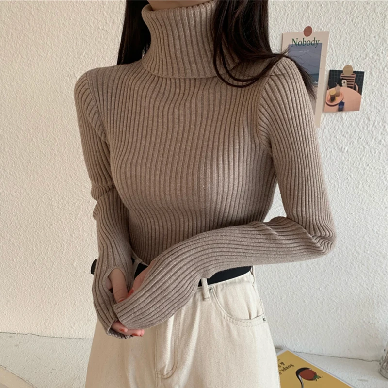 2022 Winter Knitted Turtleneck Sweater Basic Rib Fall Casual Slim Pullover Womens Elasticity Jumper Pull Femme With Thumb Hole brown cardigan Sweaters
