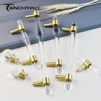 T-Bar Acrylic Kitchen Furniture Handles Wardrobe Drawer Door Knobs Golden Brass Cupboard Closet Cabinet Pulls Modern Style