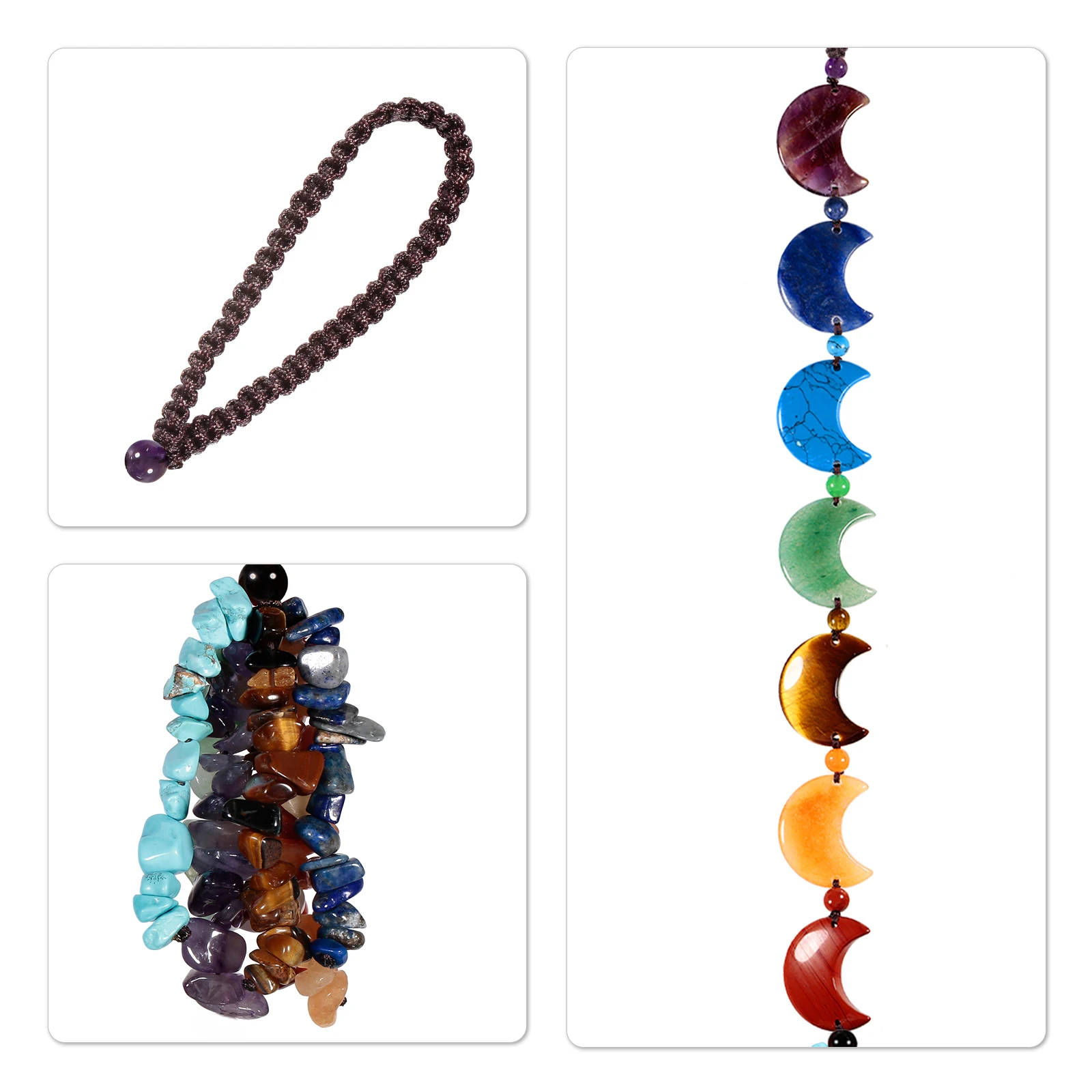 Carving Moon Shape Crystal Stone Hanging Ornament With Tumbled Quartz Chips Tassel For Car Window Home Office Decor