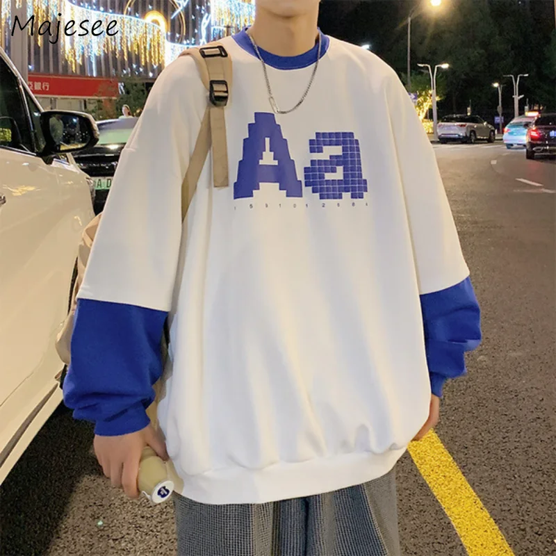 

Sweatshirts Men Streetwear Clothing Designer Handsome O-neck Fake Two Piece Teens Dynamic Japanese Stylish Students Kpop Casual