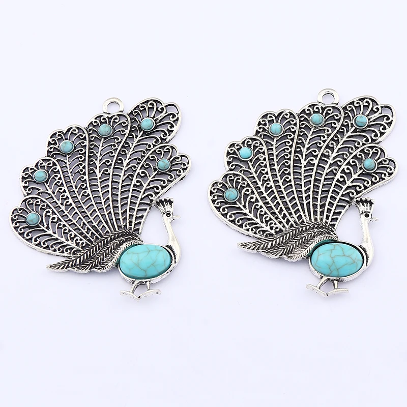 

3 x Tibetan Silver Large Open Imitation Turquoise Peacock Charms Pendants For DIY Necklace Jewelry Making Findings Accessories