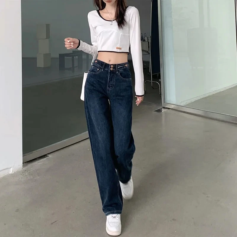 

High Waist Blue Denim Jeans Women Casual Straight Leg Loose Pants Mom Fashion Boyfriend Female American Streetwear Jean