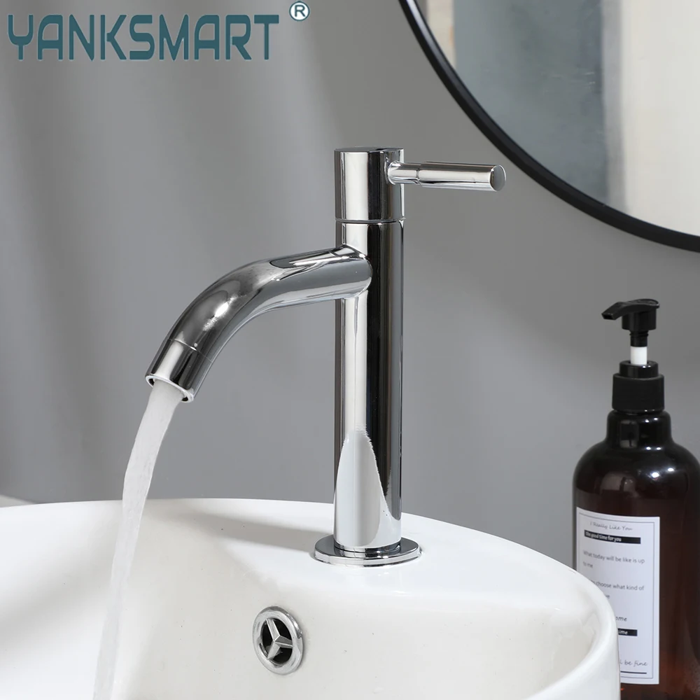 YANKSMART Bathroom Faucet Stainless Steel Single Hole Deck Mounted Lavatory Torneira Single Chrome Polished Sink Only Cold Tap