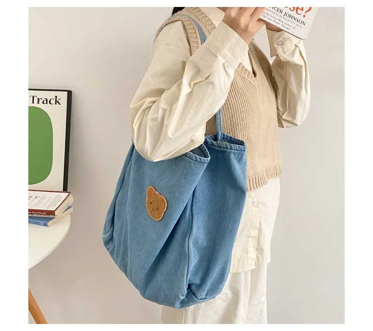 Hylhexyr Fashion Casual Tote Bag College Student Washed Denim Large Shoulder Bags Soft Cotton Canvas Handbag For Lady