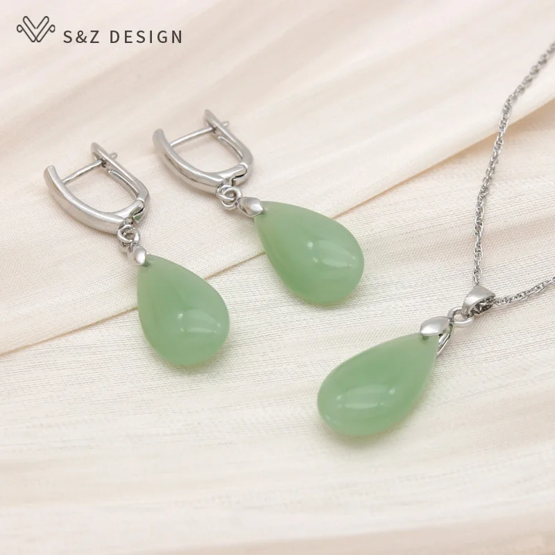 S&Z DESIGN New Fashion 585 Rose Gold Color Water Drop Dangle Earrings Jewelry Sets For Women Wedding Classic Pendant Necklace