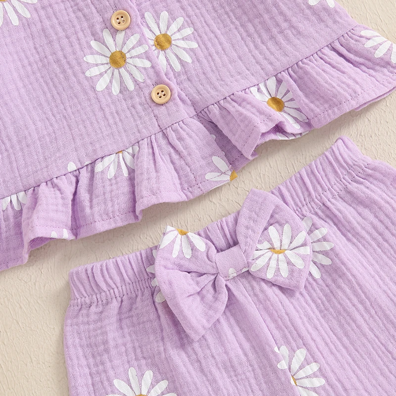 Floral Print Summer Outfit Set for Baby Girls - Cute Top  Elastic Shorts