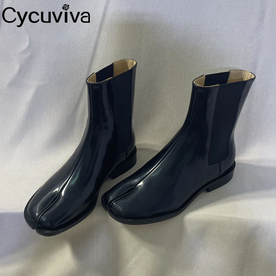 

Split Toe Black Leather Short Boots Women Square Toe Chunky Heel Brand Boots Winter Runway Party Designer Ankle Boots For Women