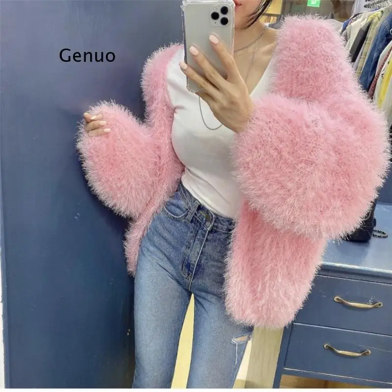 

Luxury V-Neck Mink Cashmere Knit Cardigan Mohair Crocheted Sweater Coat Faux Fur Furry Jacket Velvet Lantern Sleeve Tops Sueter