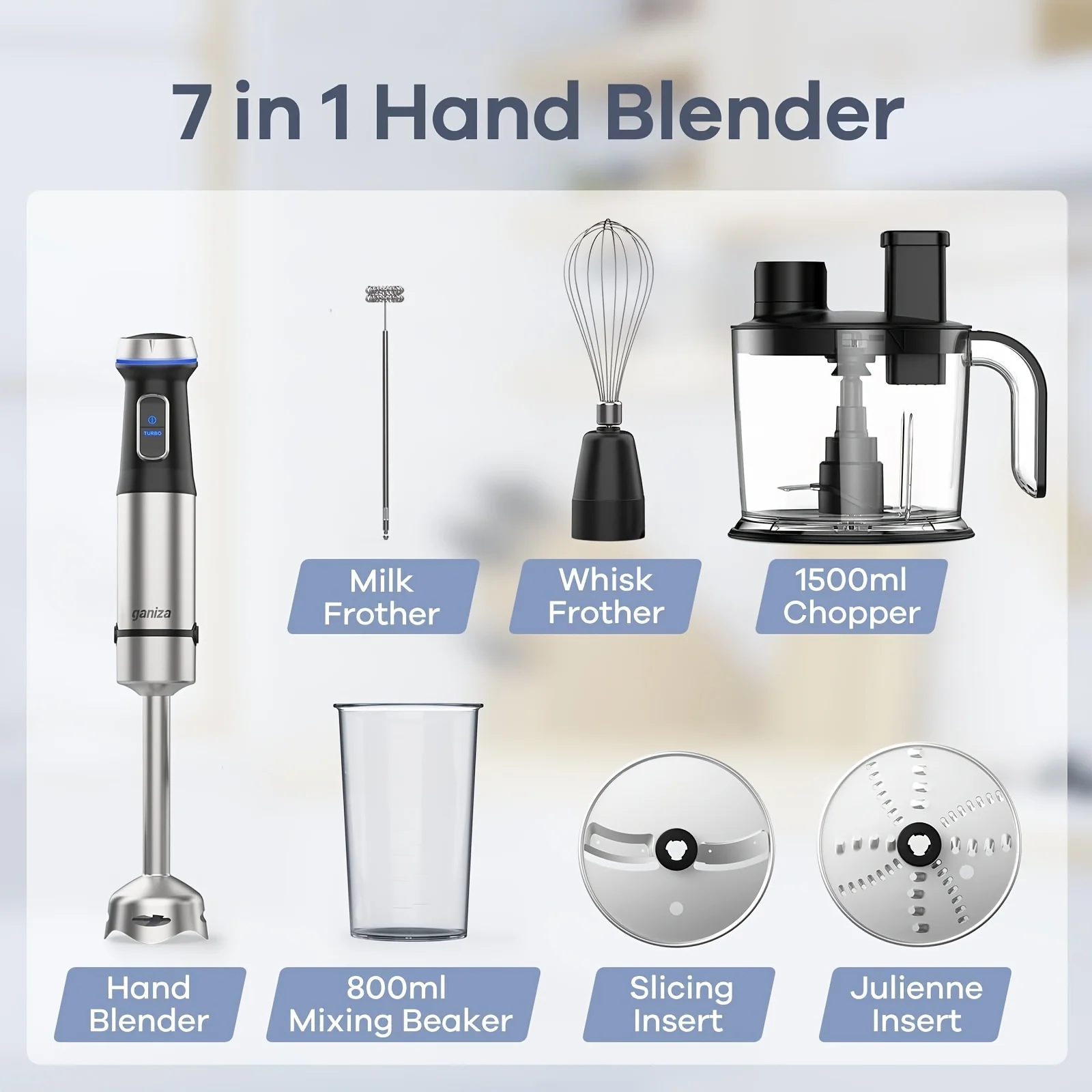 usGaniza Handheld Immersion Blender, 7-in-1 Hand Blender, 15 Variable Speed And Turbo Modes Emulsifying Blender Stainless Steel Stick Blender With 50.72oz Food Processor And 6 Other Pieces, Meat Chopper, Christmas Giftsd 3