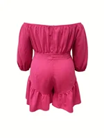 Rose Red Casual Off-the-shoulder Three-quarter Sleeve Ruffle Fitted Holiday Jumpsuit - Image 6