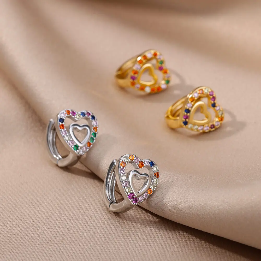 Zircon Heart Earrings Stainless Steel Gold Plated Heart Shaped Earring