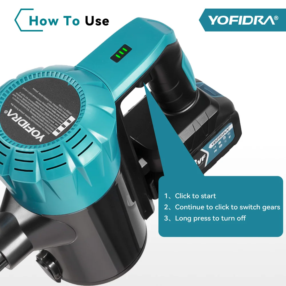 YOFIDRA Brushless Vacuum Cleaner 1800W, 30KPa 1.5L portable powerful suction household cleaning tool compatible with Makita 18V battery pin - Image 3