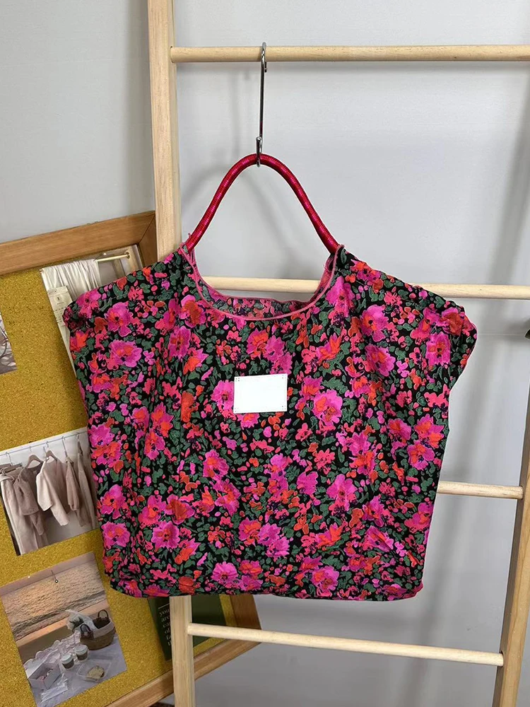 Japanese Rose Flower Shopping Bag Large Capacity Canvas Shoulder Bag Women's Eco-Friendly Foldable Tote
