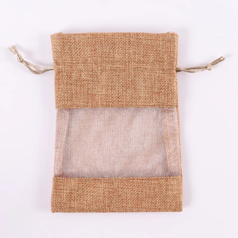 25/50/100pcs Burlap Gift Drawstring Empty Bag with Clear Organza Window Christmas Wedding Gift Party Jewellery Bag 5
