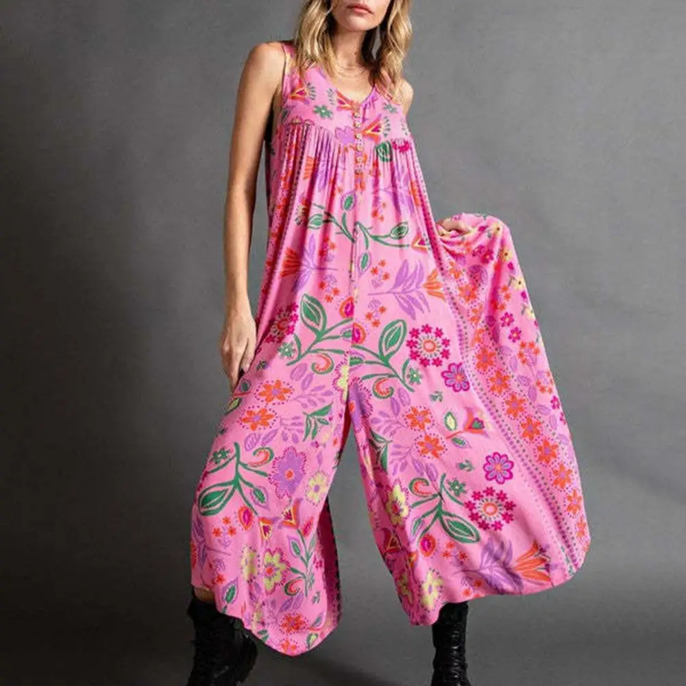 

Printed Jumpsuit Bohemia Floral Print Long Jumpsuit with V-neck Wide Leg Buttons Half Placket Pockets Playsuit for Women