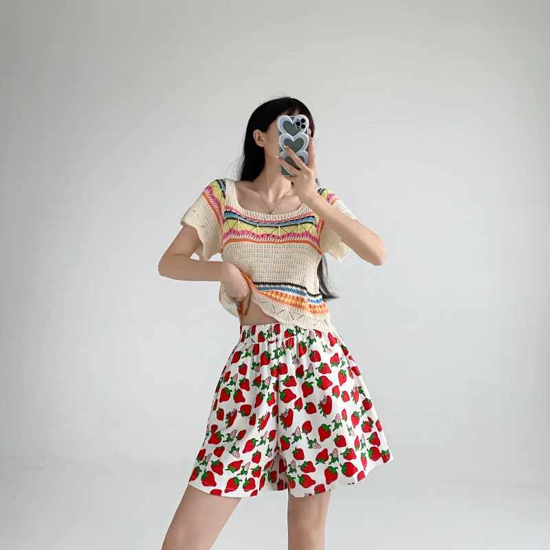 Summer New Fashion Strawberry Printed Denim Short Pants Women Harajuku Loose High Waist Jean Shorts Female