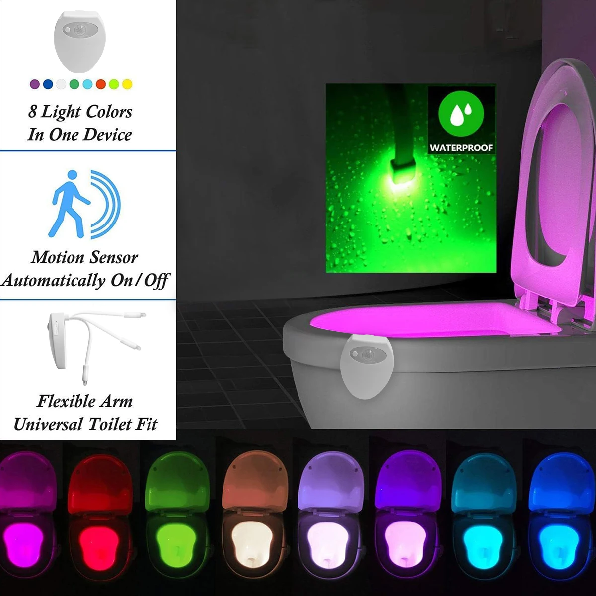 Color Changing Toilet Night Light Motion Sensor LED USB Charging Washroom Smart Light