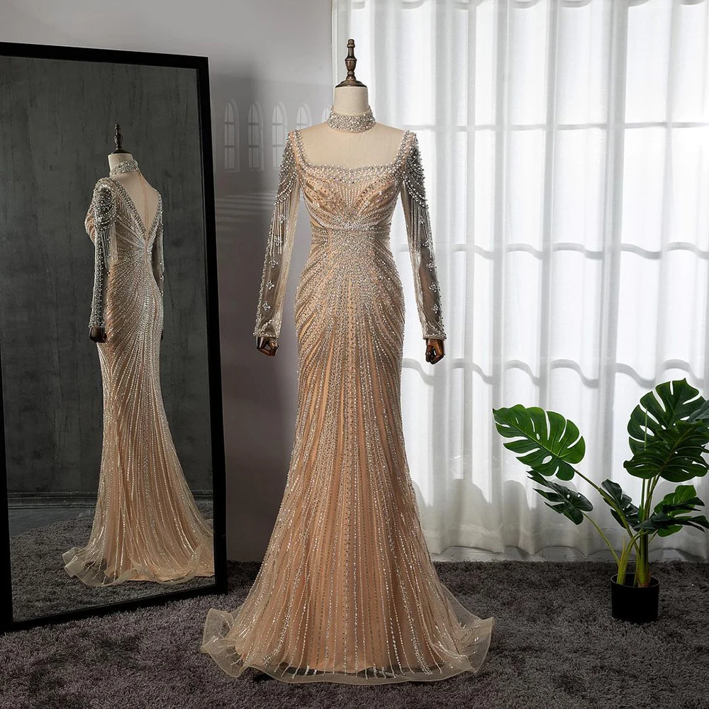 Serene Hill Nude Muslim Beaded Tassel  Mermaid Dubai Arabic Evening Dresses Gowns Luxury 2023 For Women Wedding Party LA71533