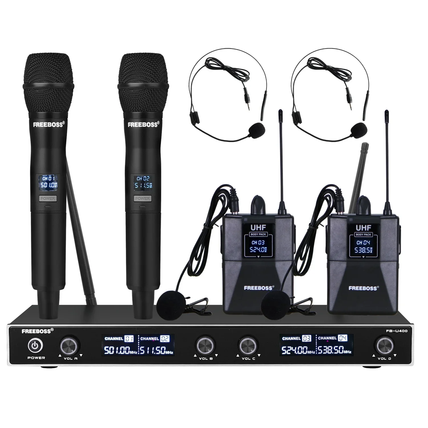 

FREEBOSS 4 Channel UHF Wireless Microphone System with 2 Bodypack and 2 Handheld 4 Mic for Karaoke Church Family Party FB-U400H2
