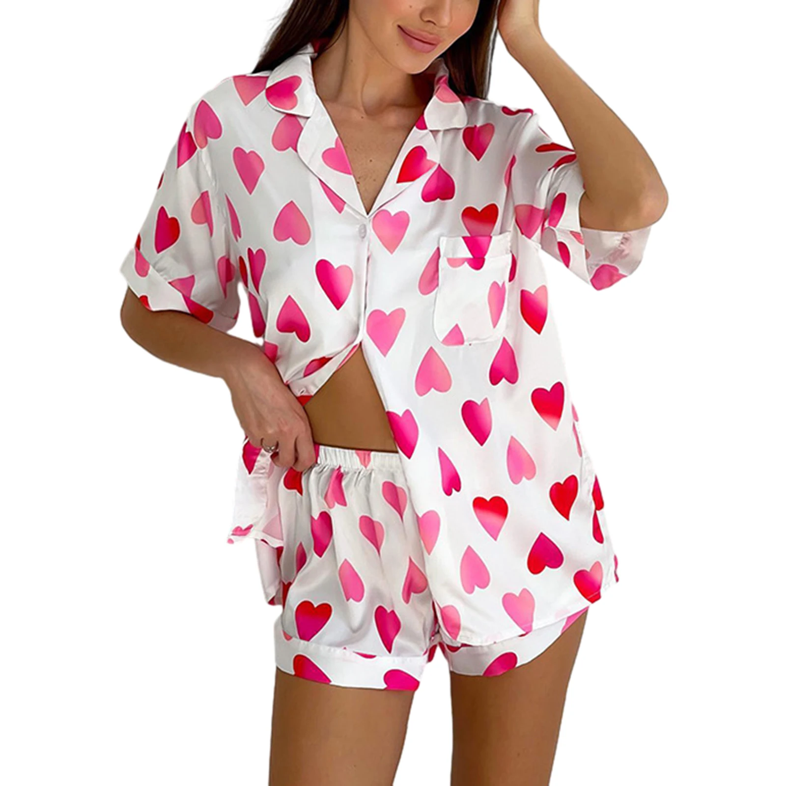 

2024Valentine's Day Heart Printed Short Sleeve Lapel Button T-Shirt Elastic Waist Shorts Ladies Summer Casual Loose 2Pcs Pajamas