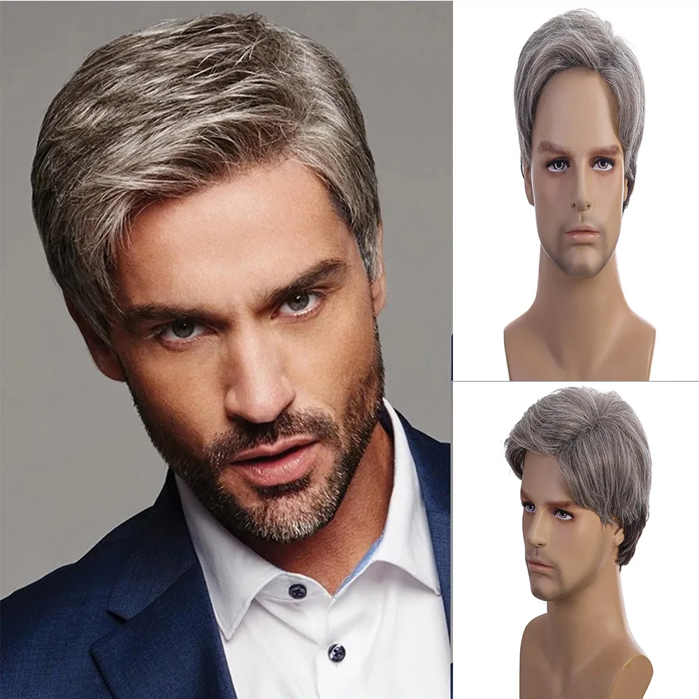 Short Synthetic Hair Wigs Silver Grey Middle aged Men Wig Natural Fake short-synthetic-hair-wigs-silver-grey-middle-aged-men-wig-natural-fake