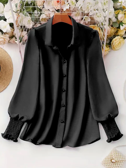 Plus Size 2025 Spring and Summer New Women's Casual Puff Sleeve Blouse Solid Color Suitable for Office Outdoor Single Breasted