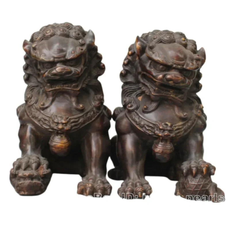 

8" Antique Fengshui Bronze Guardian Fu Foo Dogs Lion Door Leo Statue Lions Pair