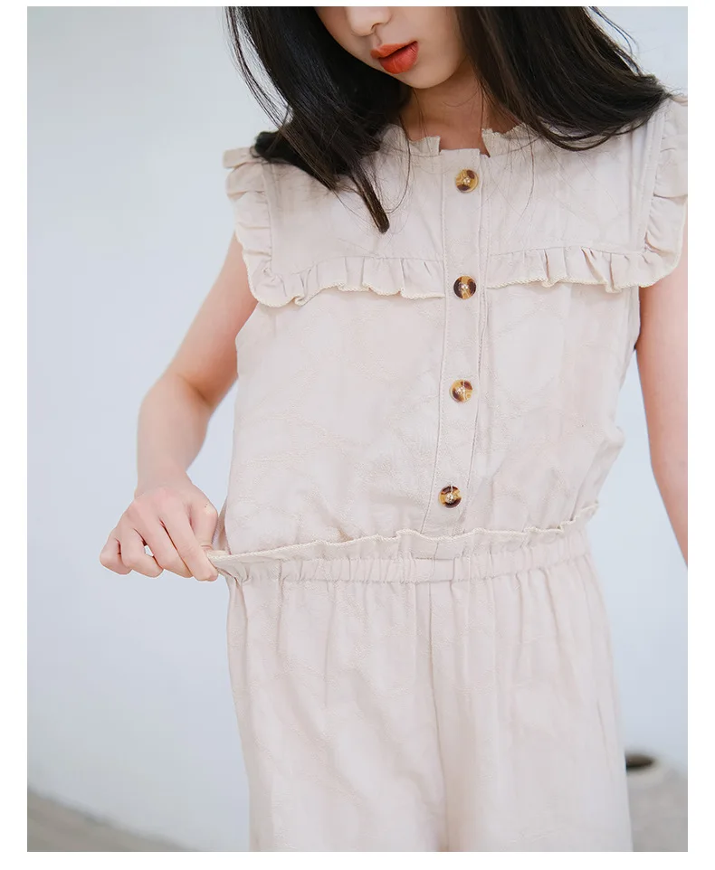 Ruffle Jumpsuit  Child’s Summer Short Sleeve Beige Playsuits Casual Loose Ruffled School Teen Girls Bodysuits 14 15 Years Children Ruffles V-neck Clothing