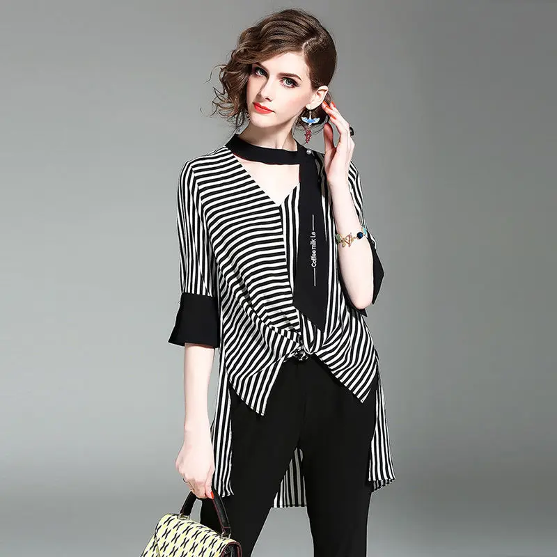 

Spring Summer Women Midi Chiffon Blouse Half Sleeve V Neck Loose Irregular Black White Stripe Fashion Female Elegant Shirt 2022