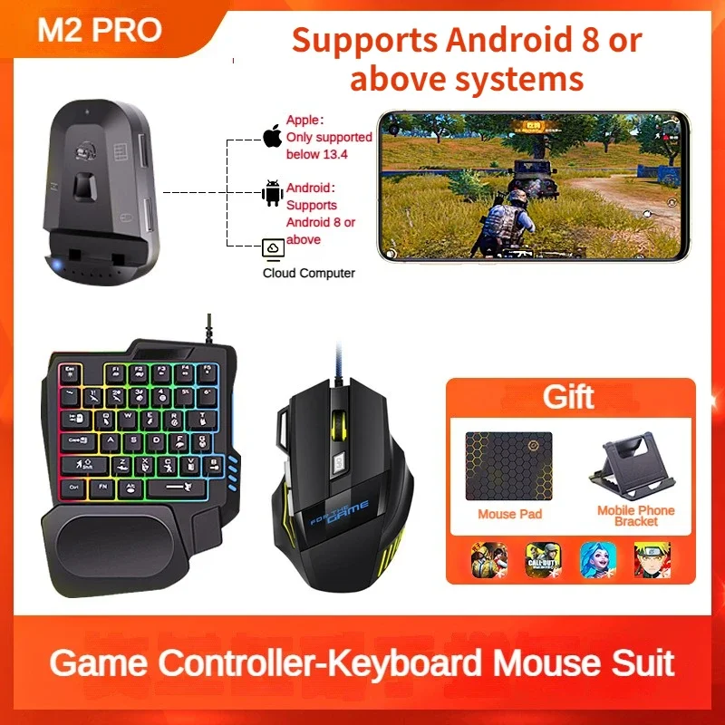 M2 Pro 모바일 게임 컨트롤러 4 in 1 마우스 키보드 어댑터 변환기 BT5.0 프로그래밍 가능 어댑터 지원 IOS 안드로..
