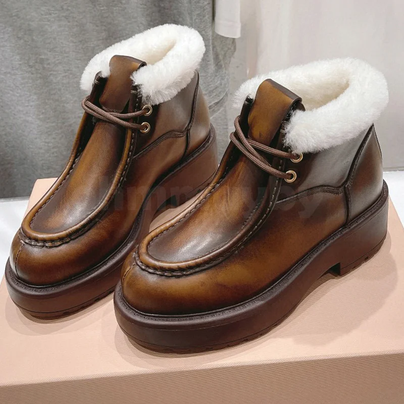 

Women Thick Heel Shoes Winter 2023 New Quality Calfskin Upper Inside Comfortable Woolen Loafers Elegant Retro Leather Shoes