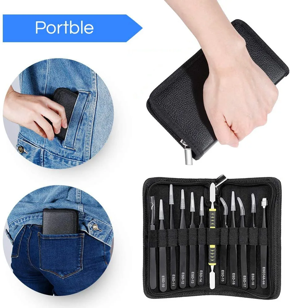 Description Picture 3 of item12Pcs/Set Precision Tweezers ESD Anti-static Stainless Steel Elbow Straight With Bag Repair Maintenance Tool Industrial Tweezers