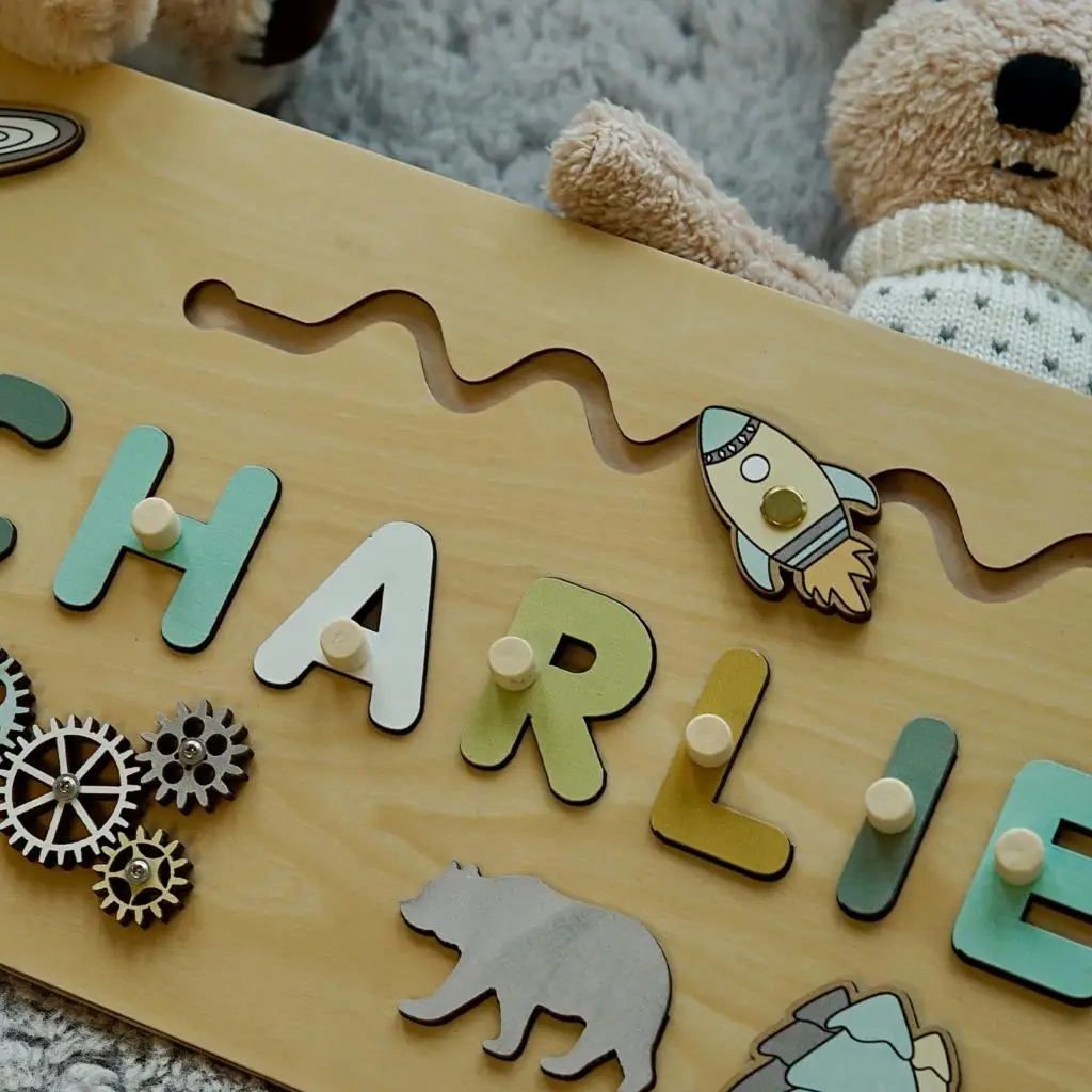 Wooden Name Puzzle Personalized Custom for Baby Game Board 3-D Jigsaw Puzzle Educational Shape Matching Developmental Toy