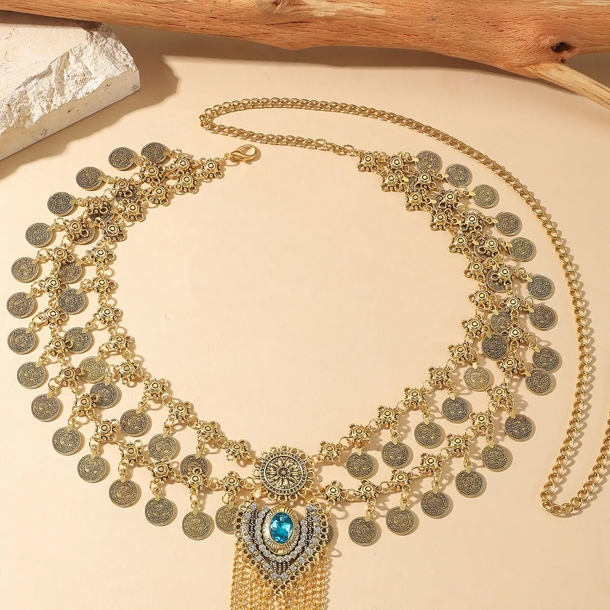 Exaggerated Retro Blue Rhinestone Tassel Metal Waist Chain for Women Luxury Double Layered Craved Coin Belt Chains Body Jewelry