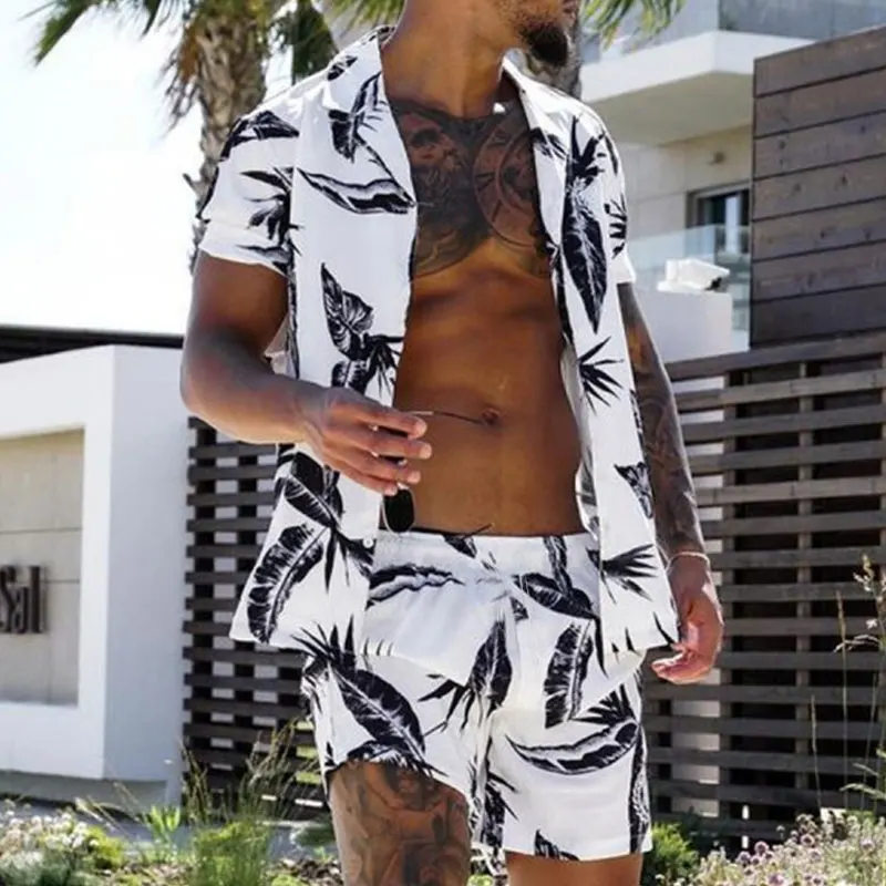 

New Trend Men Hawaiian Sets Summer Feather Printing Short Sleeve Button Shirt Beach Shorts Two Set Casual Trip Mens 2 Piece Suit