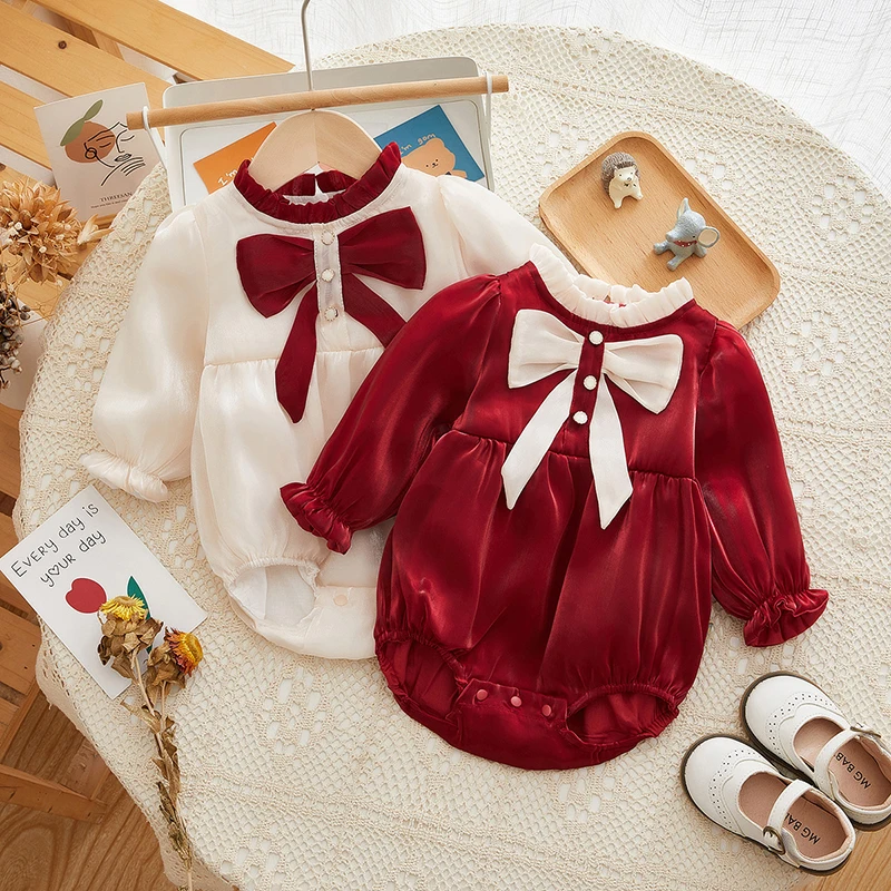 

Spring New Baby Girls Romper Bowknot Baby Bodysuit Sweet Princess Korean Newborn Baby Long Sleeve Jumpsuits Infant Onesie