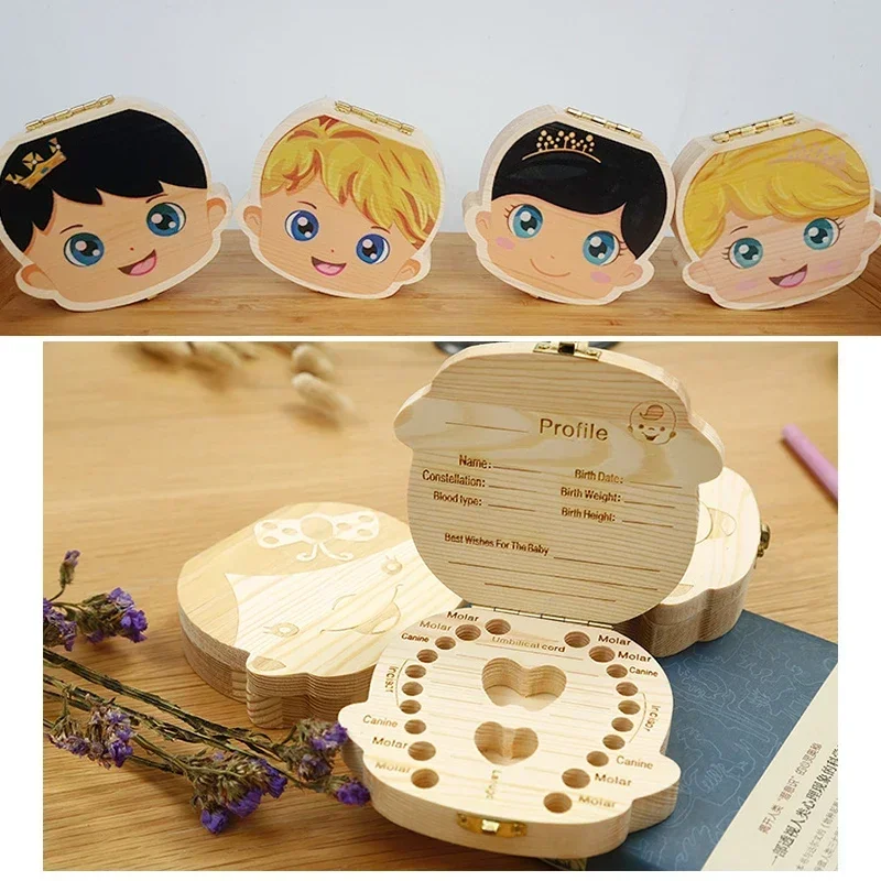 Spanish English Baby Wood Tooth Box Organizer Milk Teeth Storage Collect Teeth Umbilica Save Gifts Baby Tooth Box
