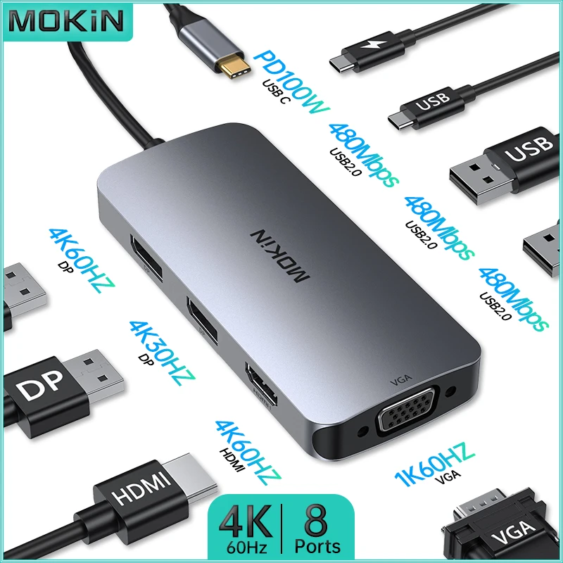 

MOKiN 8 in 1 Docking Station - USB2.0, Type-C 3.0, HDMI 4K60Hz, DP 4K60Hz, VGA 1K60Hz, PD 100W - MacBook Air/Pro Compatibility