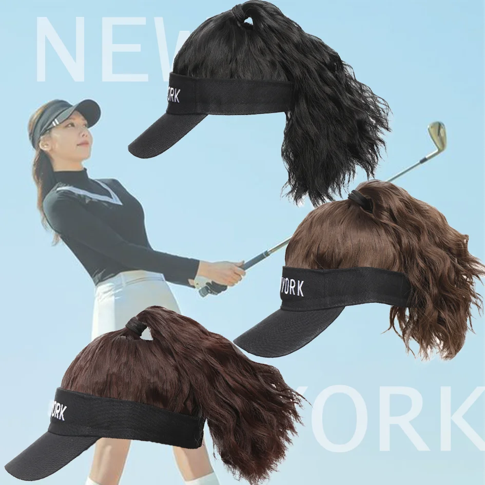 Synthetic 12inch Women's hat Water ripple wig hat with ponytail wig Hat with wig Lady's adjustable black baseball cap wig