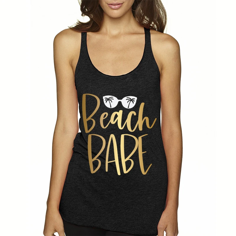 BEACH BABE 여름 휴가 탱크 탑, 골든 옐로우 패턴, 레이서백 여성 의류, 선글라스 인쇄 휴가 탑, 스트랩 포함