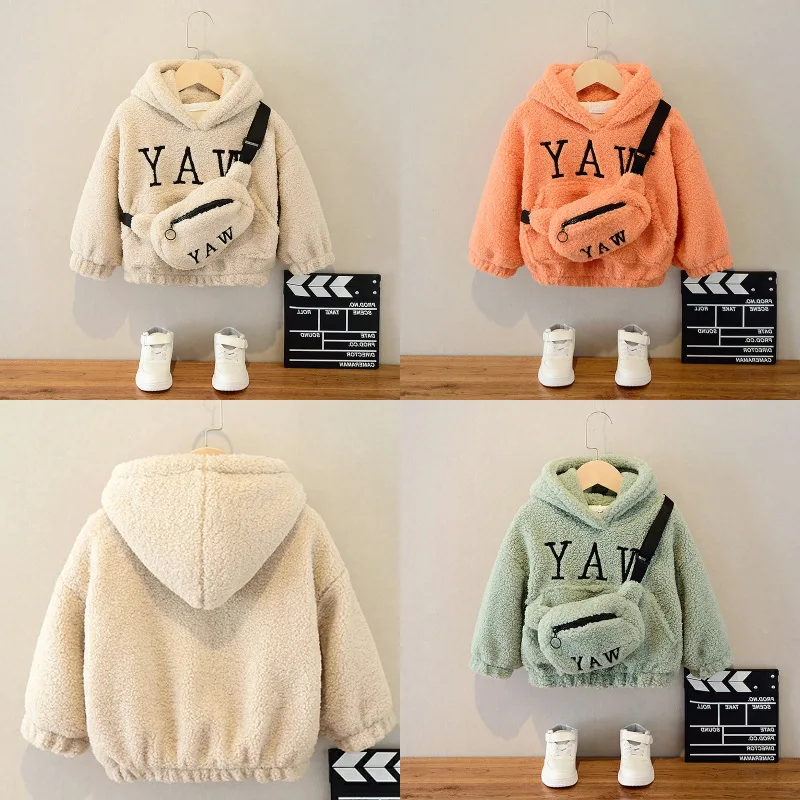 

2023 Boy Girl Sweatshirts with Bag Winter Wool Thick Children Hooded Long Sleeves Sweatshirt Unisex Warm Boy Girls Sweatshirts