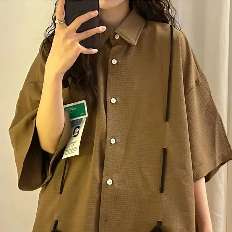 EBAIHUI Vintage Strap Design Women Shirt Summer Loose Short Sleeve Blouse Pocket Design Chic Cardigan Blusas Preppy Style Top