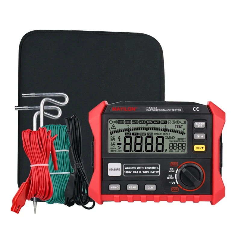 

MAYILON HT2302 Digital Ground Resistance Tester Megger 0-40KΩ AC 200V Big Screen Backlight Auto Power Off Ohm Meter