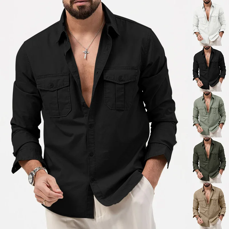 2024 summer Europe and the United States vintage cargo men's advanced multi-pocket solid color leisure sports long-sleeved shirt
