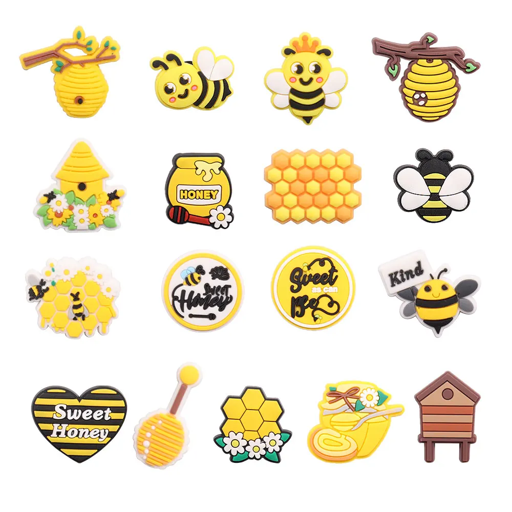 

50Pcs Wholesale PVC Honeycomb Sweet Honey Fit Kids Bracelet Croc Jibz Shoes Accessories Bee Sandals Buckle