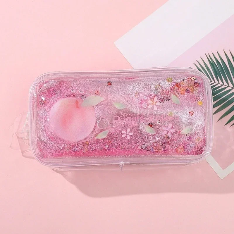 

Transparent Quicksand Pencil Case Cartoon Cute Avocado Peach Large Capacity Stationery Portable School Supplies Kawaii for Girls
