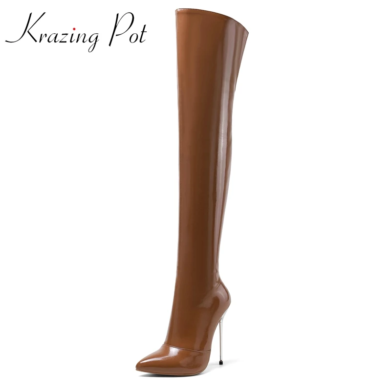 

Krazing Pot European Style Big Size Microfiber Pointed Toe Stiletto Super High Heel Retro Fashion Mature Over-the-knee Boots L19
