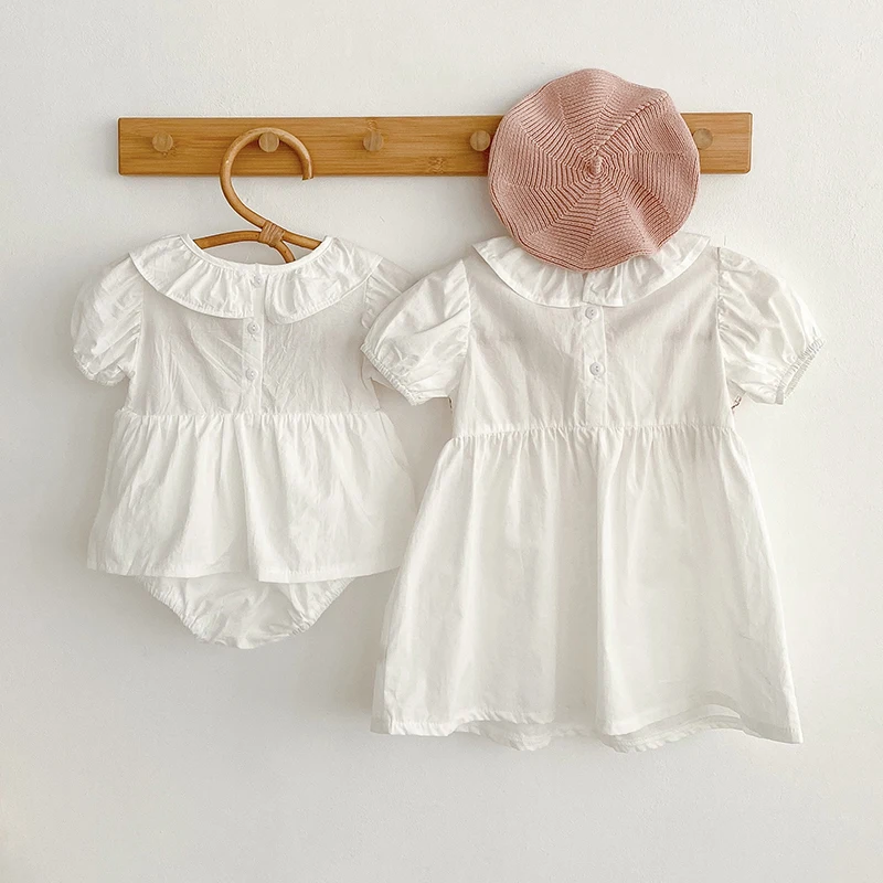 Summer Fashion Baby Girl Dress Lace Smocking Stitch Dress Infant Children Cotton Baby Bodysuit Family Matching Sister Outfit 2