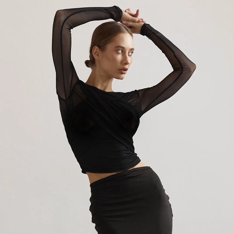Camiseta de malla con cuello en V y retazos para mujer, top liso de manga larga, estilo Y2k, top sexy para mujer para otoño